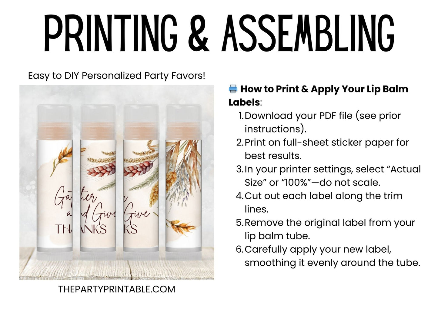 Printable Gather and Give Thanks Lip Balm TEMPLATE | Thanksgiving Dinner Favor | Friendsgiving Chapstick Labels | Autumn Party Favor 5002