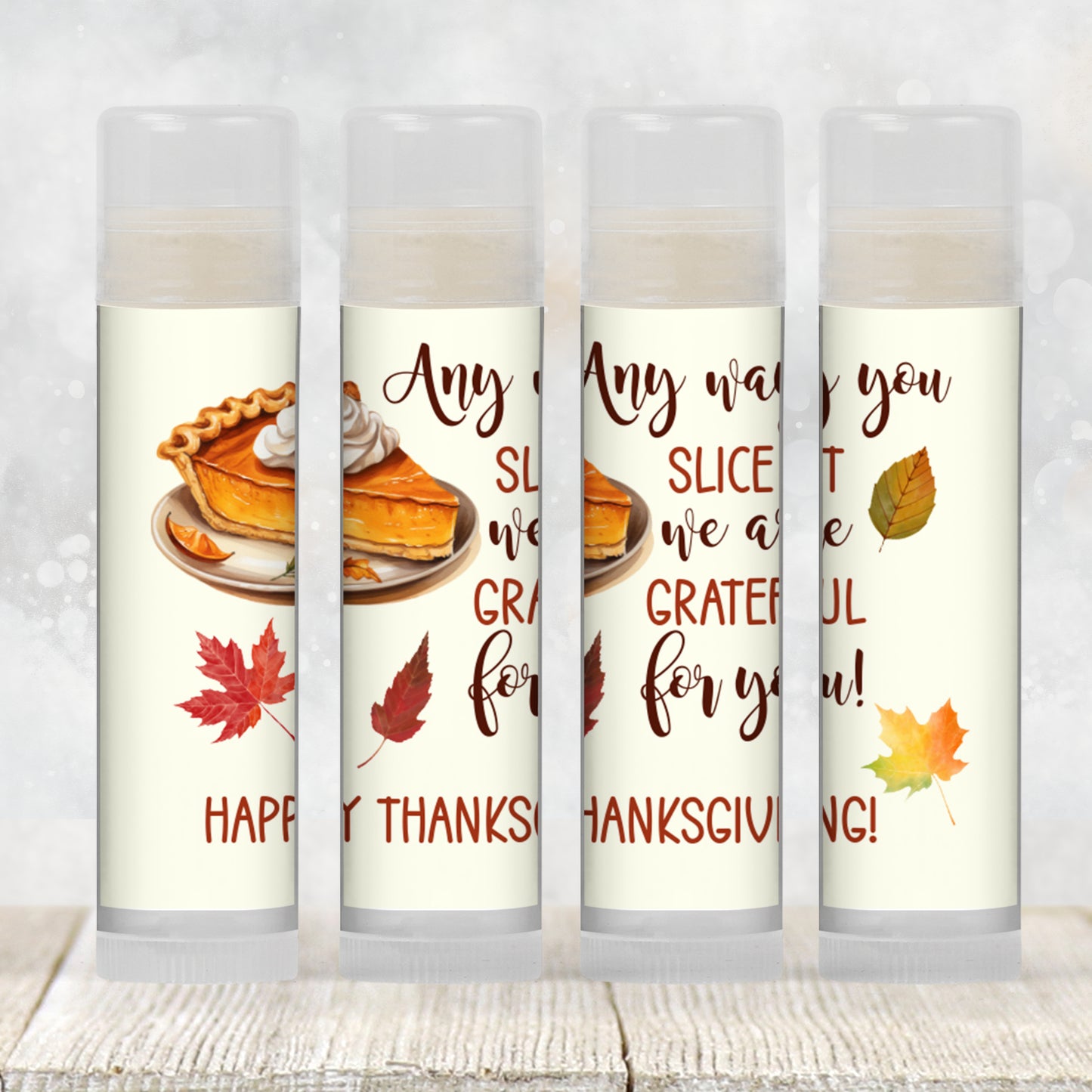 Any Way You Slice It We Are Grateful Lip Balm Favors: Thanksgiving Chapstick Guest Gift