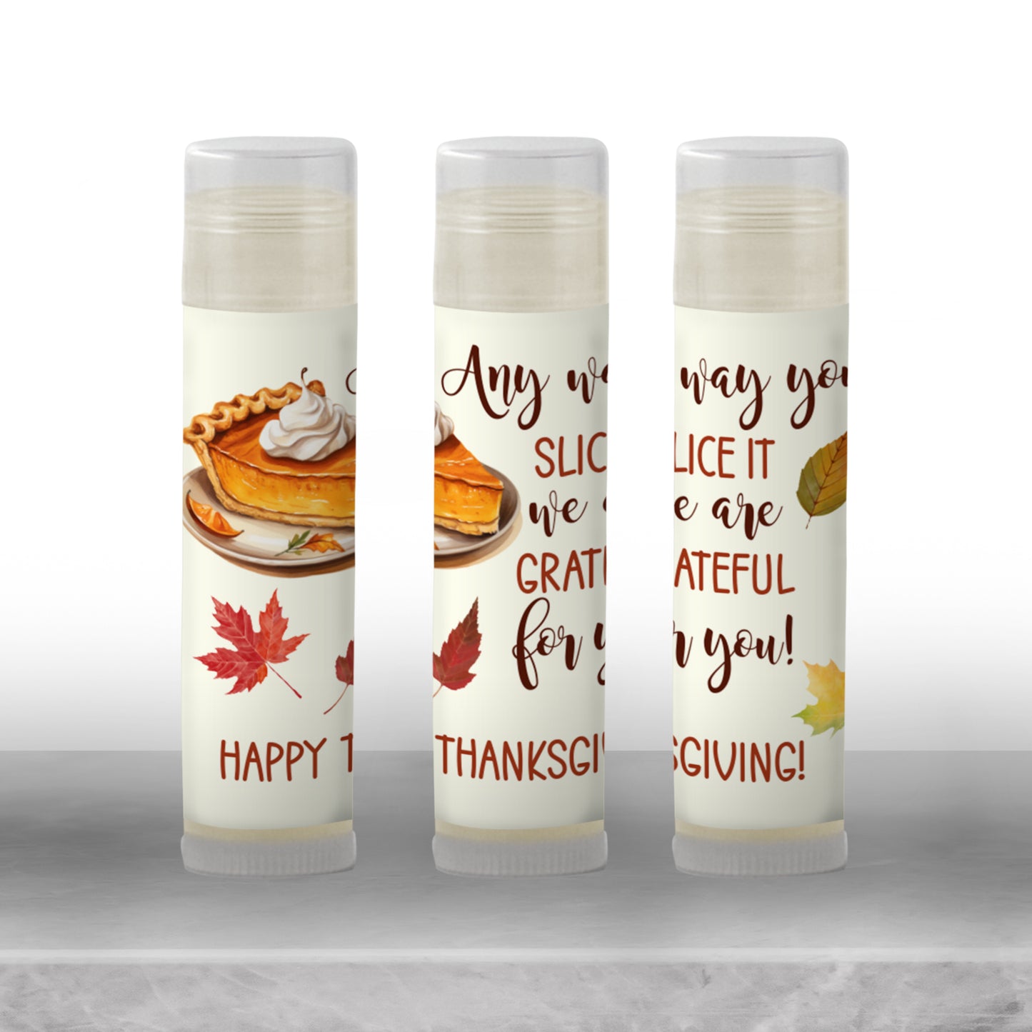 Any Way You Slice It We Are Grateful Lip Balm Favors: Thanksgiving Chapstick Guest Gift