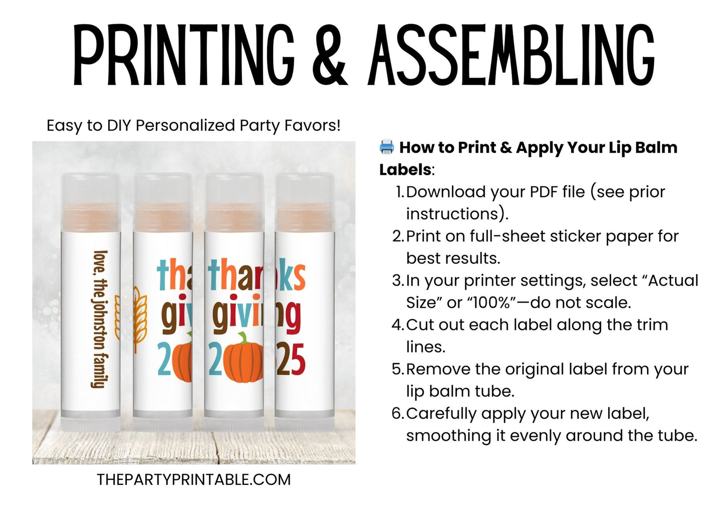 Thanksgiving Lip Balm Label Template: Personalized Chapstick Favor for Dinner Guests (Digital Download)