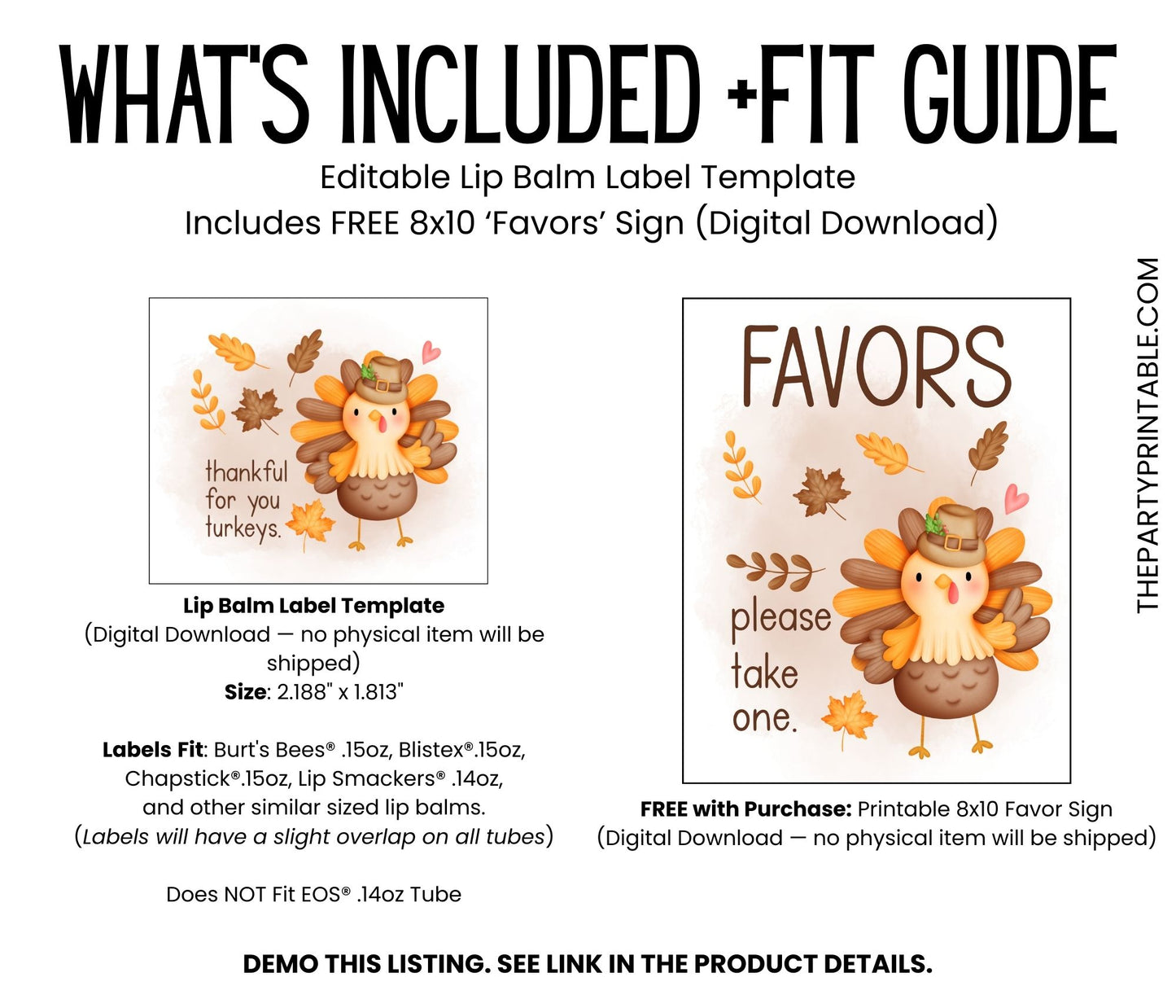 Thankful for You Turkeys Lip Balm Label Template: Printable Chapstick Favor (Digital Download)