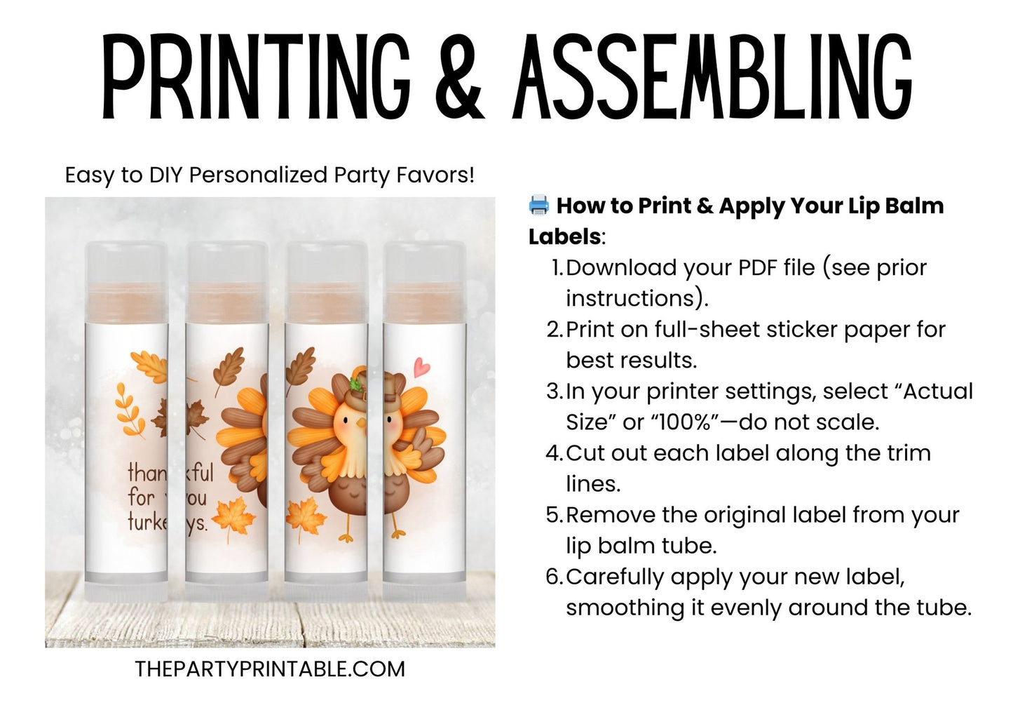 Thankful for You Turkeys Lip Balm Label Template: Printable Chapstick Favor (Digital Download)