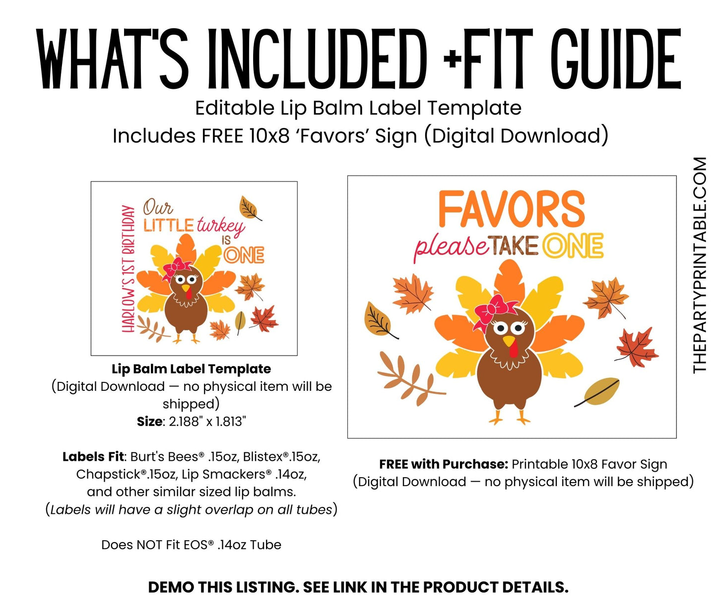 Thanksgiving Birthday Lip Balm Label Template: Our Little Turkey (Digital Download)