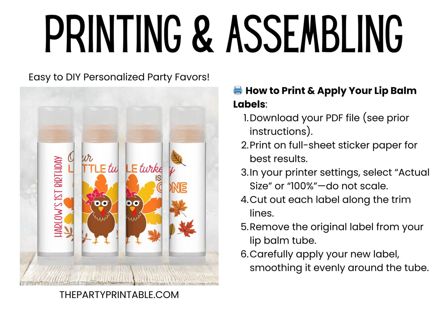 Thanksgiving Birthday Lip Balm Label Template: Our Little Turkey (Digital Download)