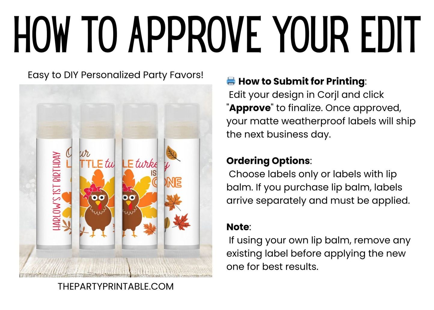 Our Little Turkey Is One Chapstick Favors: Girl Thanksgiving 1st Birthday Party Guest Gift