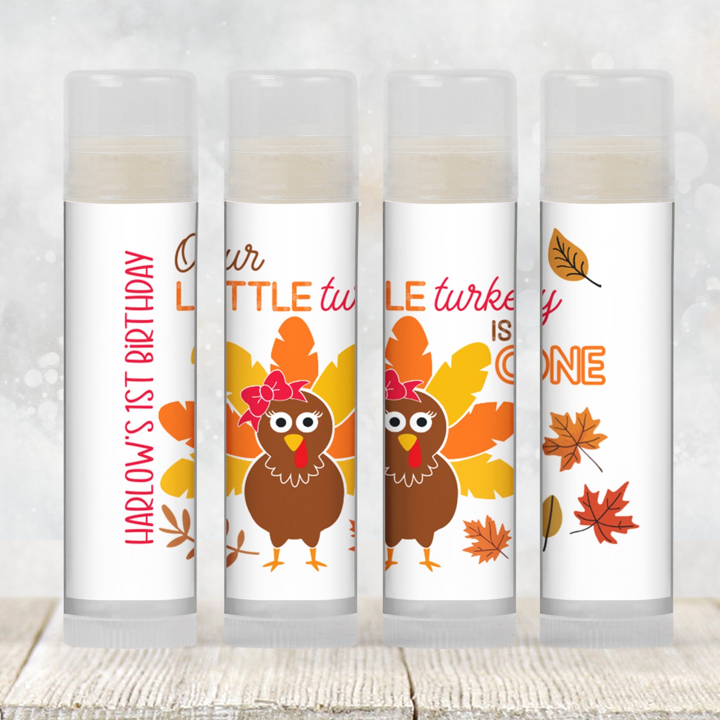 Our Little Turkey Is One Chapstick Favors: Girl Thanksgiving 1st Birthday Party Guest Gift