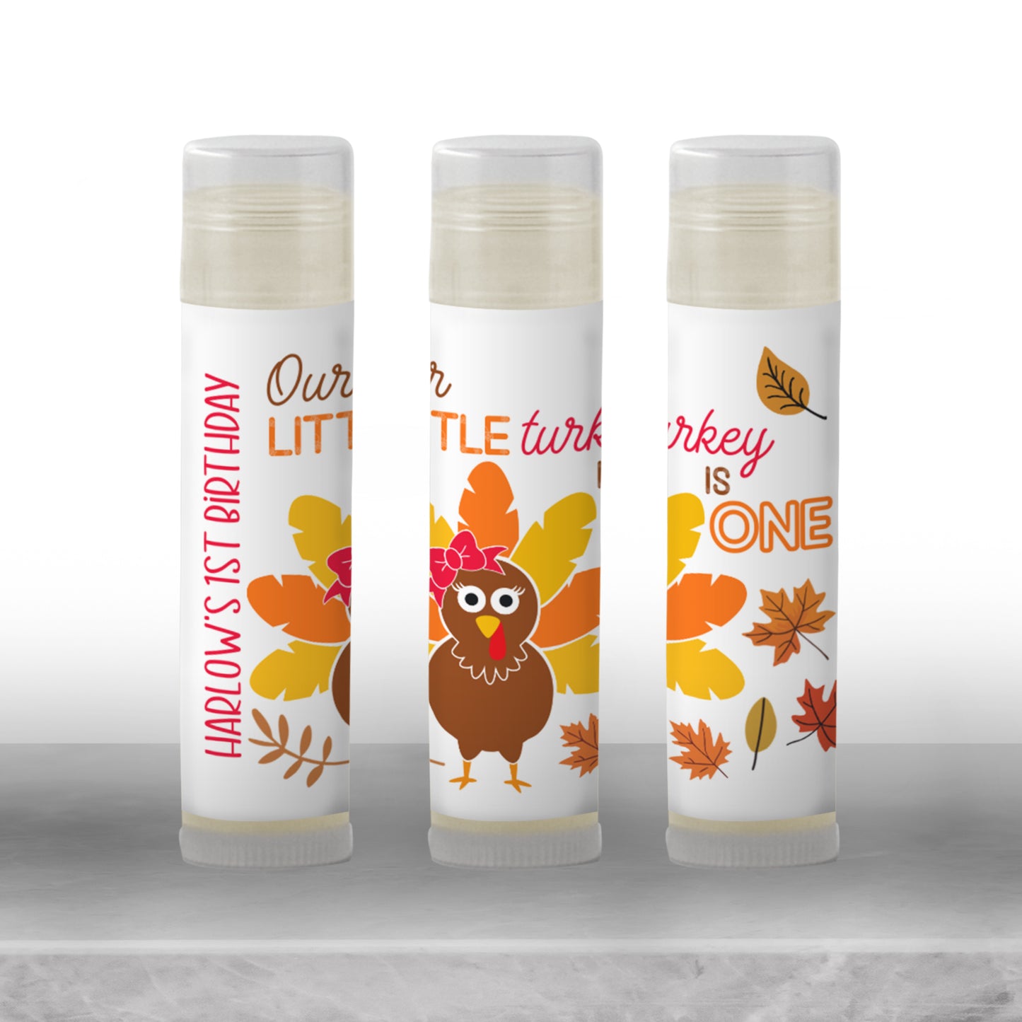 Our Little Turkey Is One Chapstick Favors: Girl Thanksgiving 1st Birthday Party Guest Gift