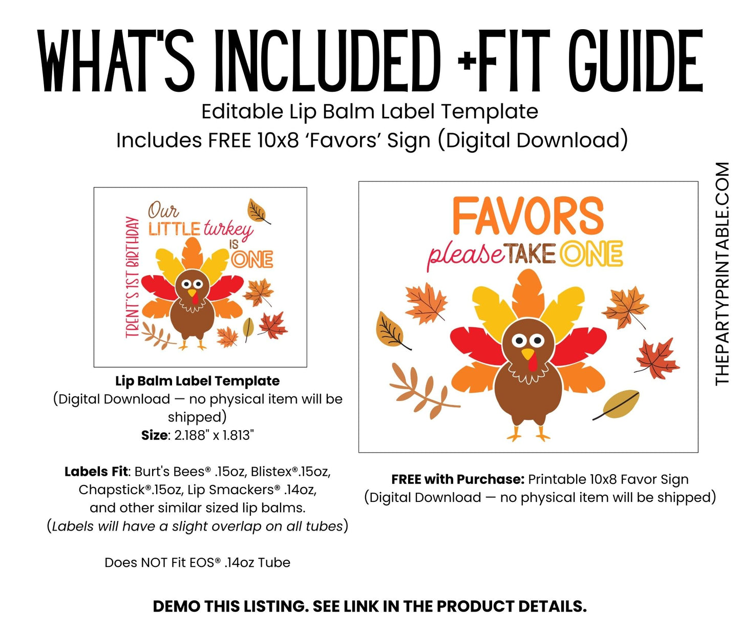 Turkey 1st Birthday Lip Balm Label Template: Boy Thanksgiving Favor (Digital Download)
