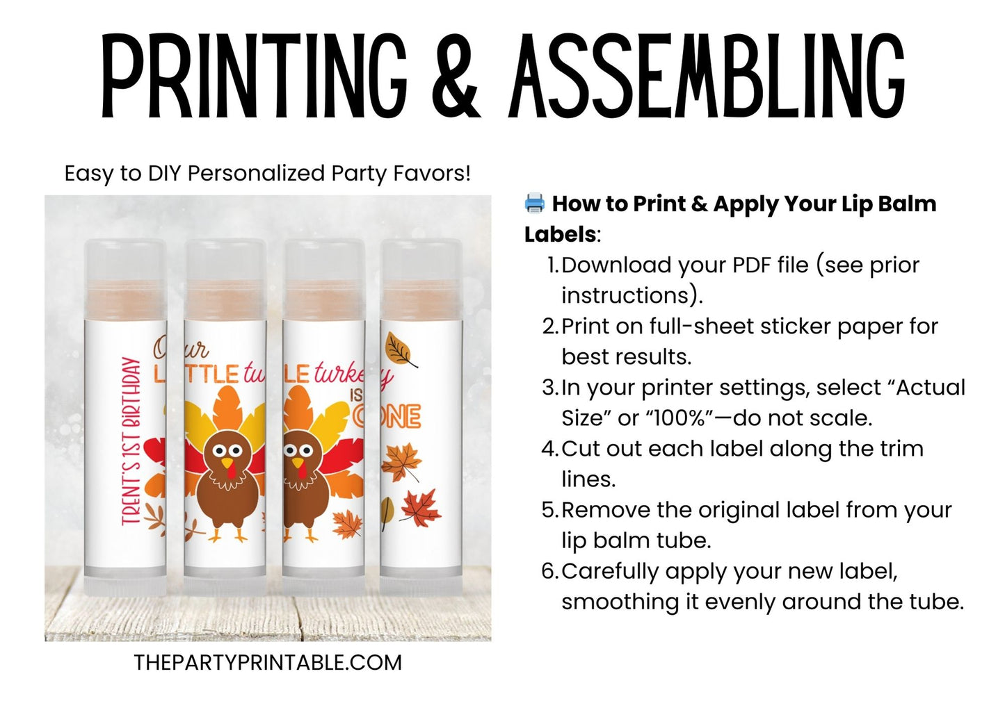 Turkey 1st Birthday Lip Balm Label Template: Boy Thanksgiving Favor (Digital Download)