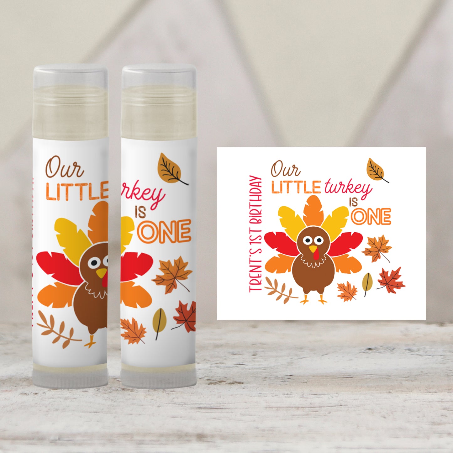 Our Little Turkey Is One Chapstick Favors: Boy Thanksgiving 1st Birthday Party Guest Gift