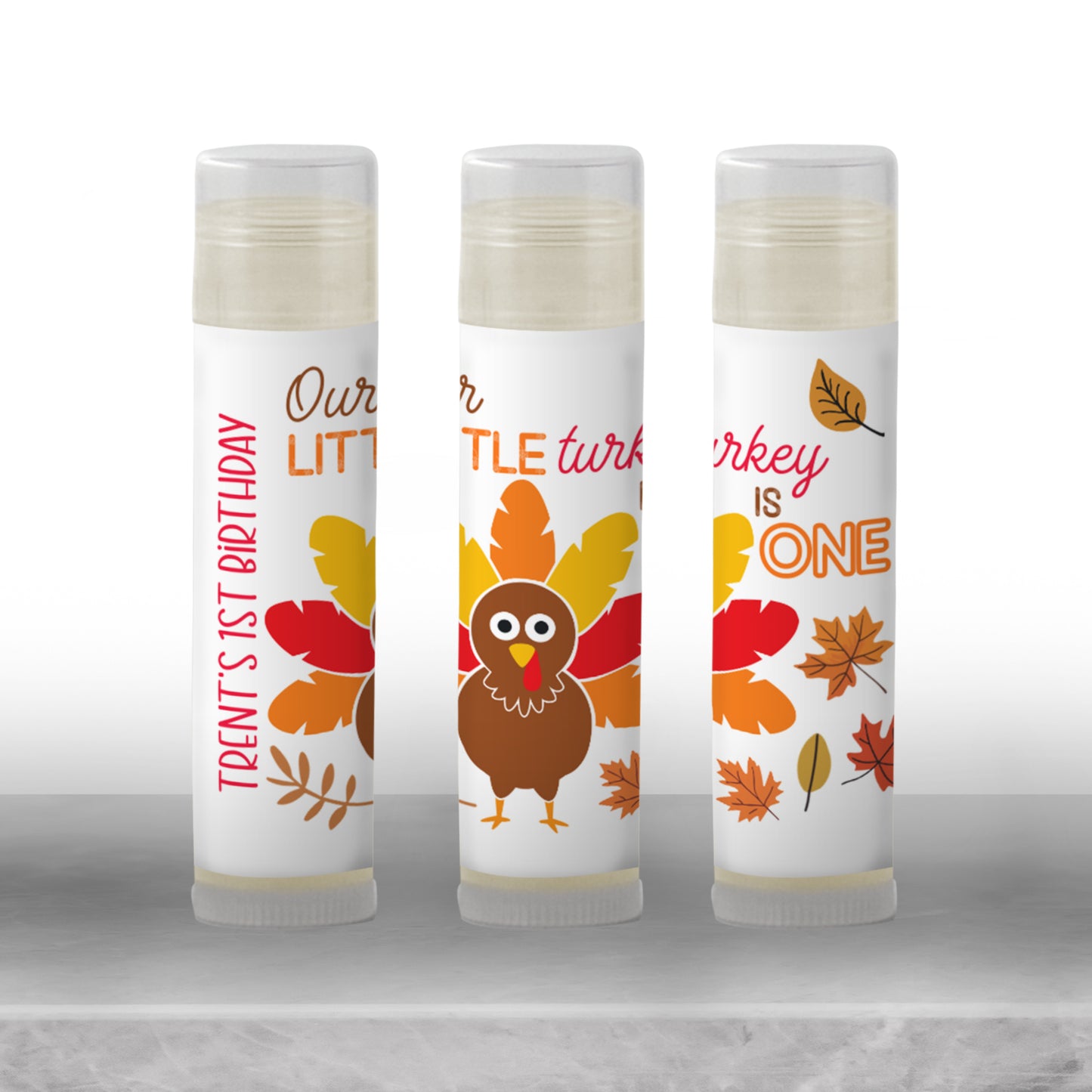 Our Little Turkey Is One Chapstick Favors: Boy Thanksgiving 1st Birthday Party Guest Gift