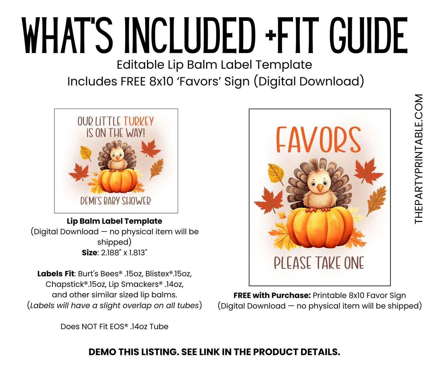 A Little Turkey Is On the Way Baby Shower Favor Lip Balm Label TEMPLATE | Editable Fall Thanksgiving Theme | Printable Rustic Sticker 5015