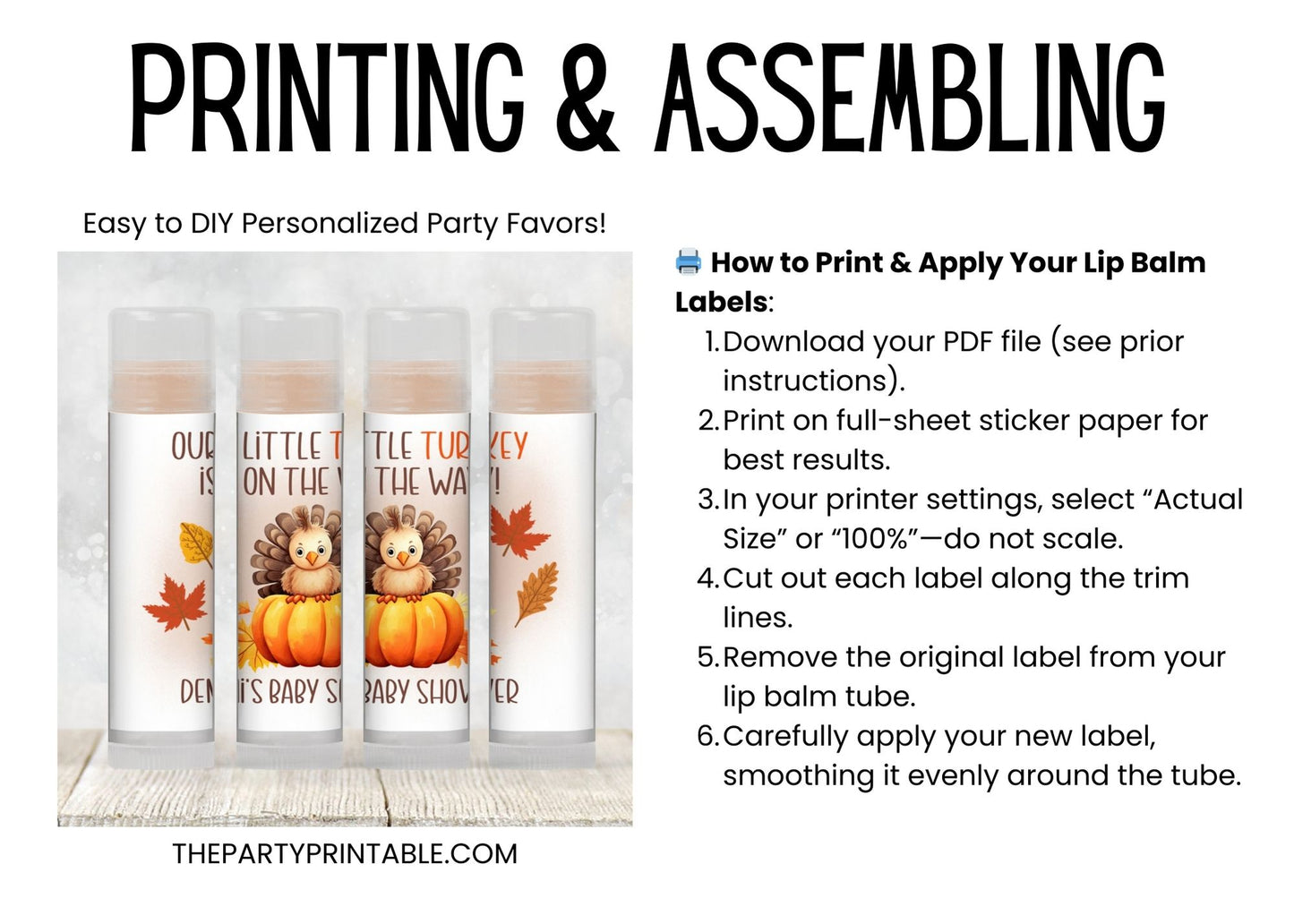 A Little Turkey Is On the Way Baby Shower Favor Lip Balm Label TEMPLATE | Editable Fall Thanksgiving Theme | Printable Rustic Sticker 5015