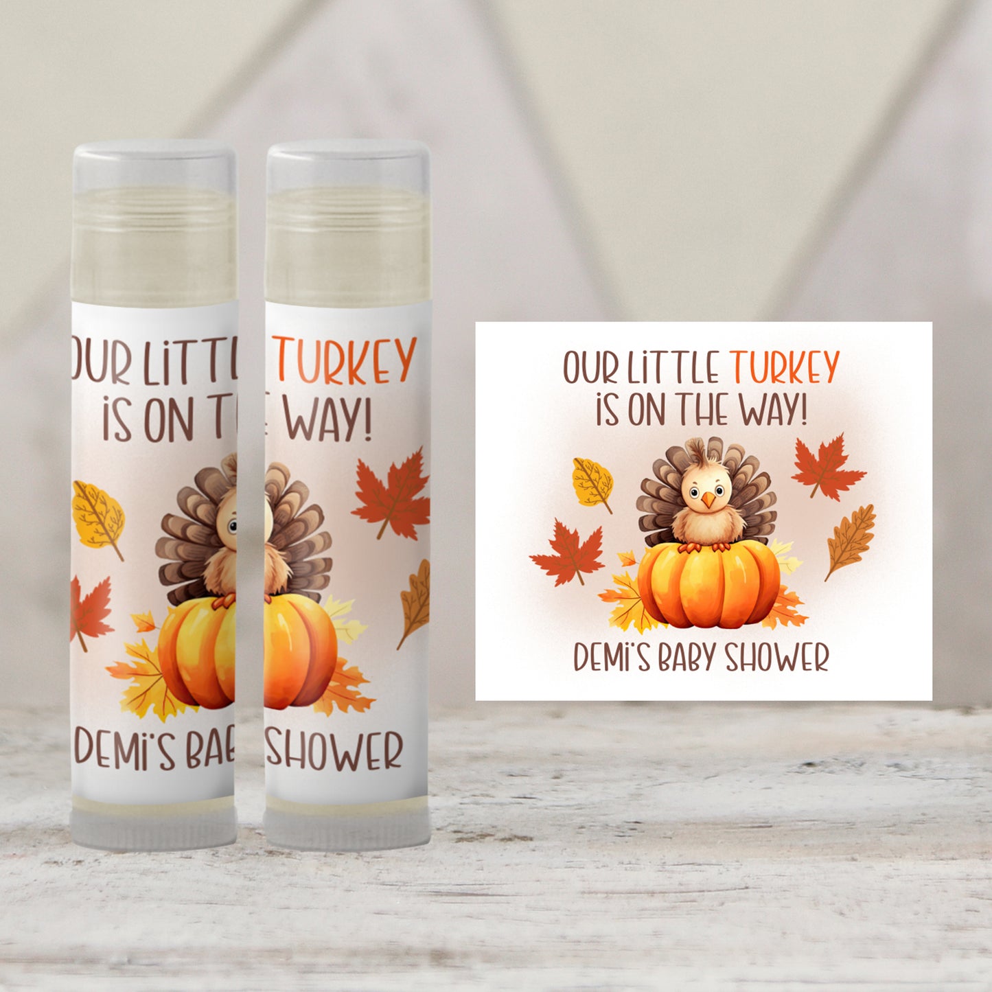A Little Turkey Is On the Way Baby Shower Favor Lip Balm Label TEMPLATE | Editable Fall Thanksgiving Theme | Printable Rustic Sticker 5015