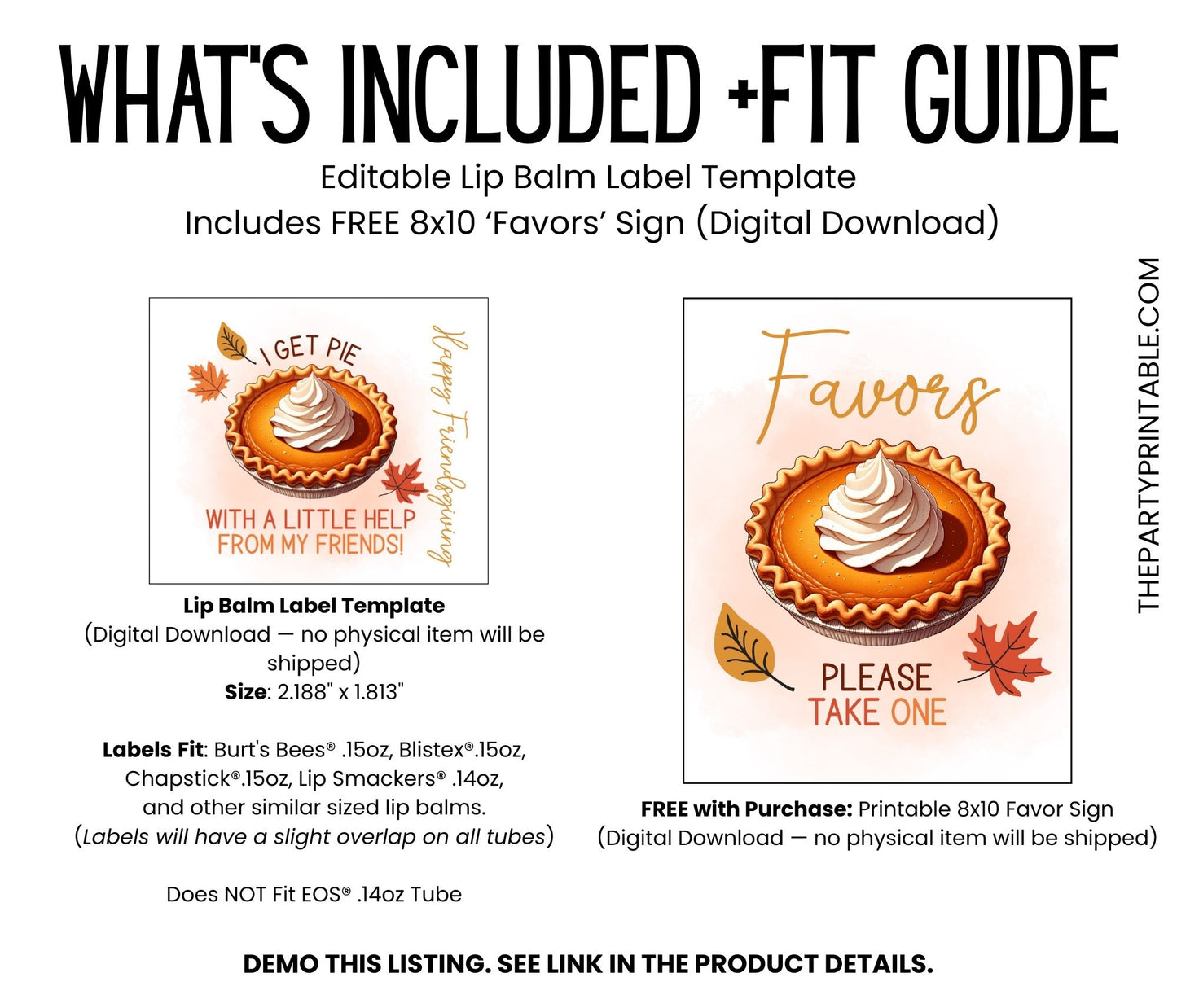 I Get Pie With a Little Help From My Friends Lip Balm Chapstick Label Template: Friendsgiving Favor (Digital Download)