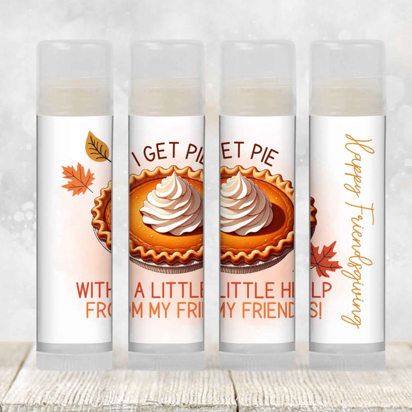 I Get Pie With a Little Help From My Friends Lip Balm Favors: Friendsgiving Party Guest Chapstick Gift