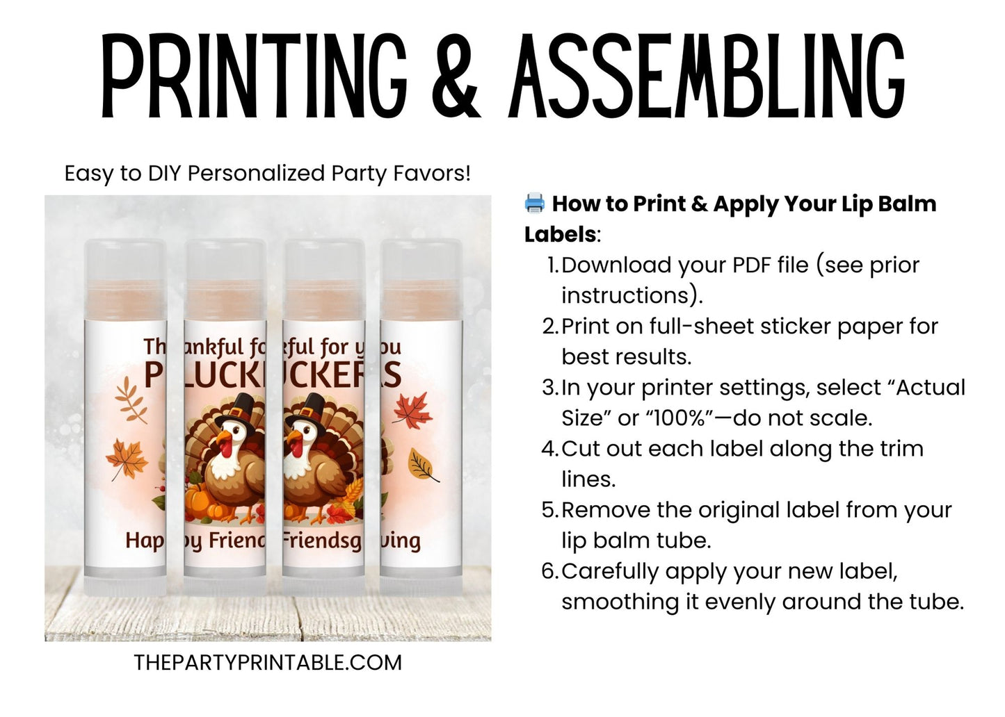 Thankful for You Pluckers Lip Balm Label Template: Thanksgiving or Friendsgiving Favor (Digital Download)