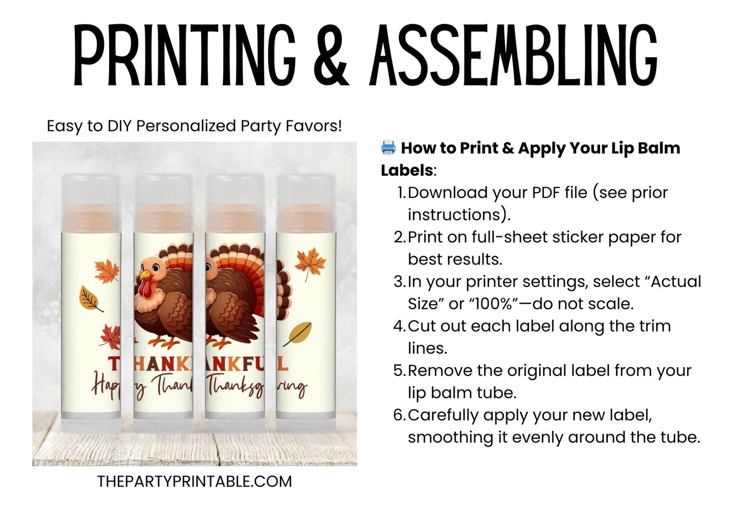 Thankful Happy Thanksgiving Turkey Lip Balm Label Template: Friendsgiving Favor (Digital Download)