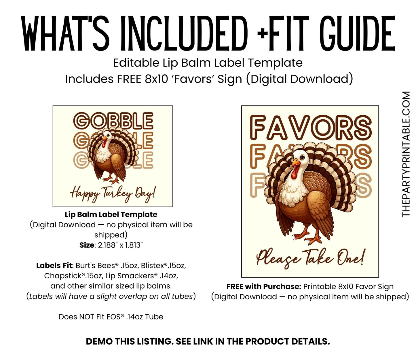 Gobble Gobble Happy Thanksgiving Lip Balm Label Template: Turkey Chapstick Favor (Digital Download)