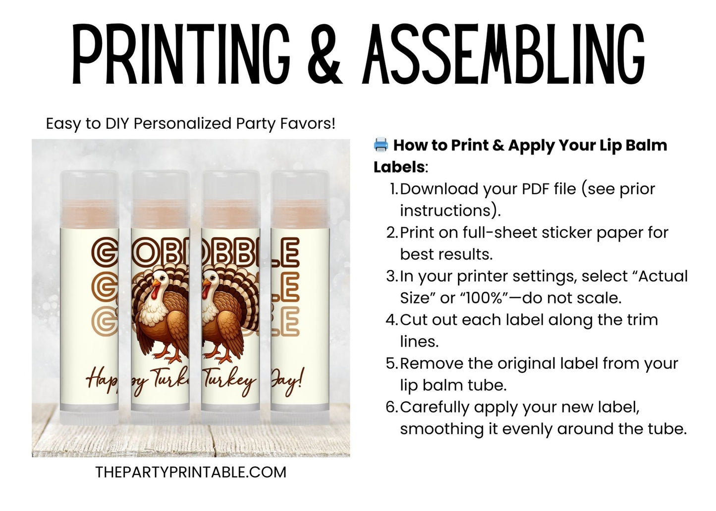 Gobble Gobble Happy Thanksgiving Lip Balm Label Template: Turkey Chapstick Favor (Digital Download)