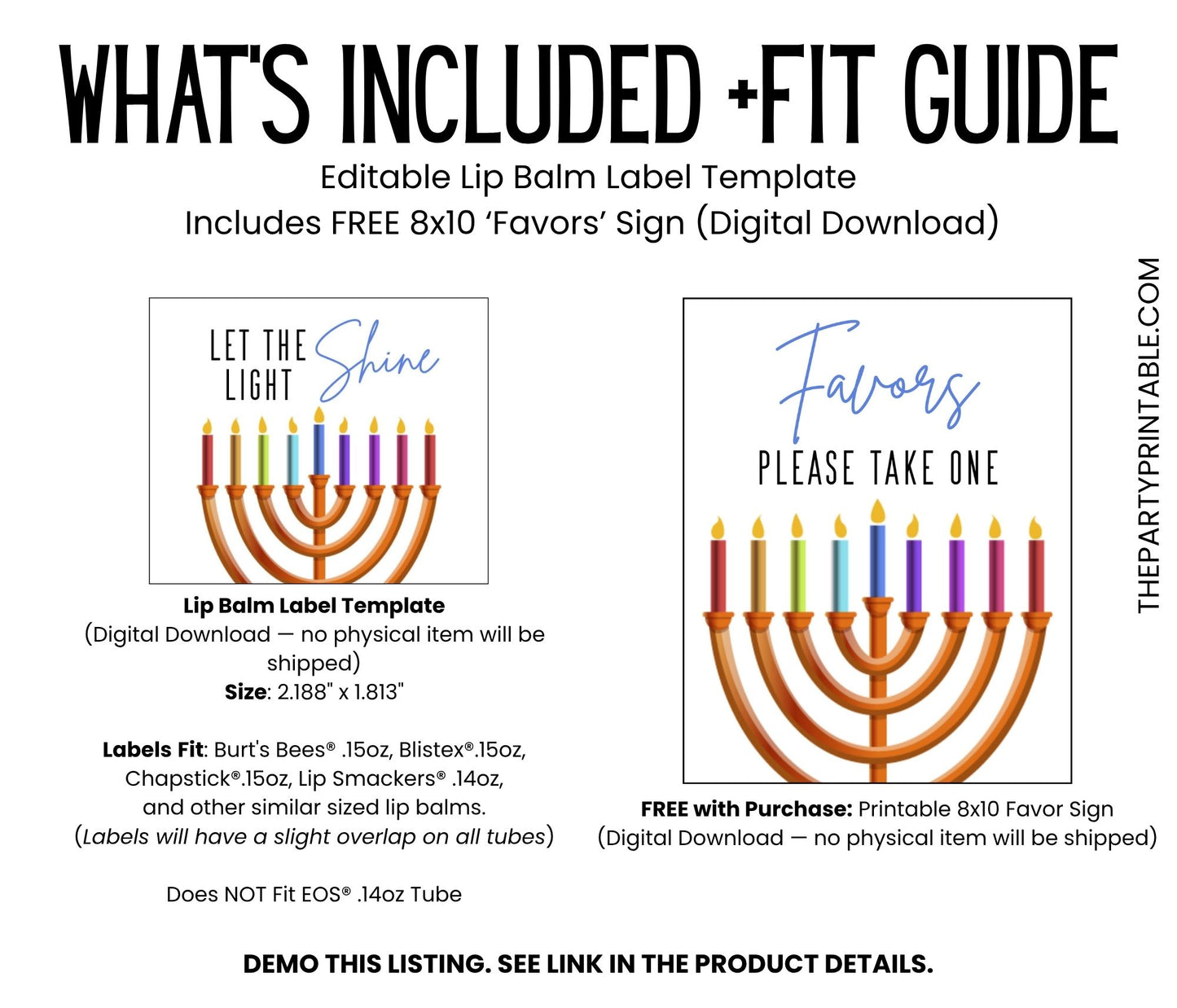 Let the Light Shine Hanukkah Lip Balm Label Template: Chanukah Party Favor (Digital Download)