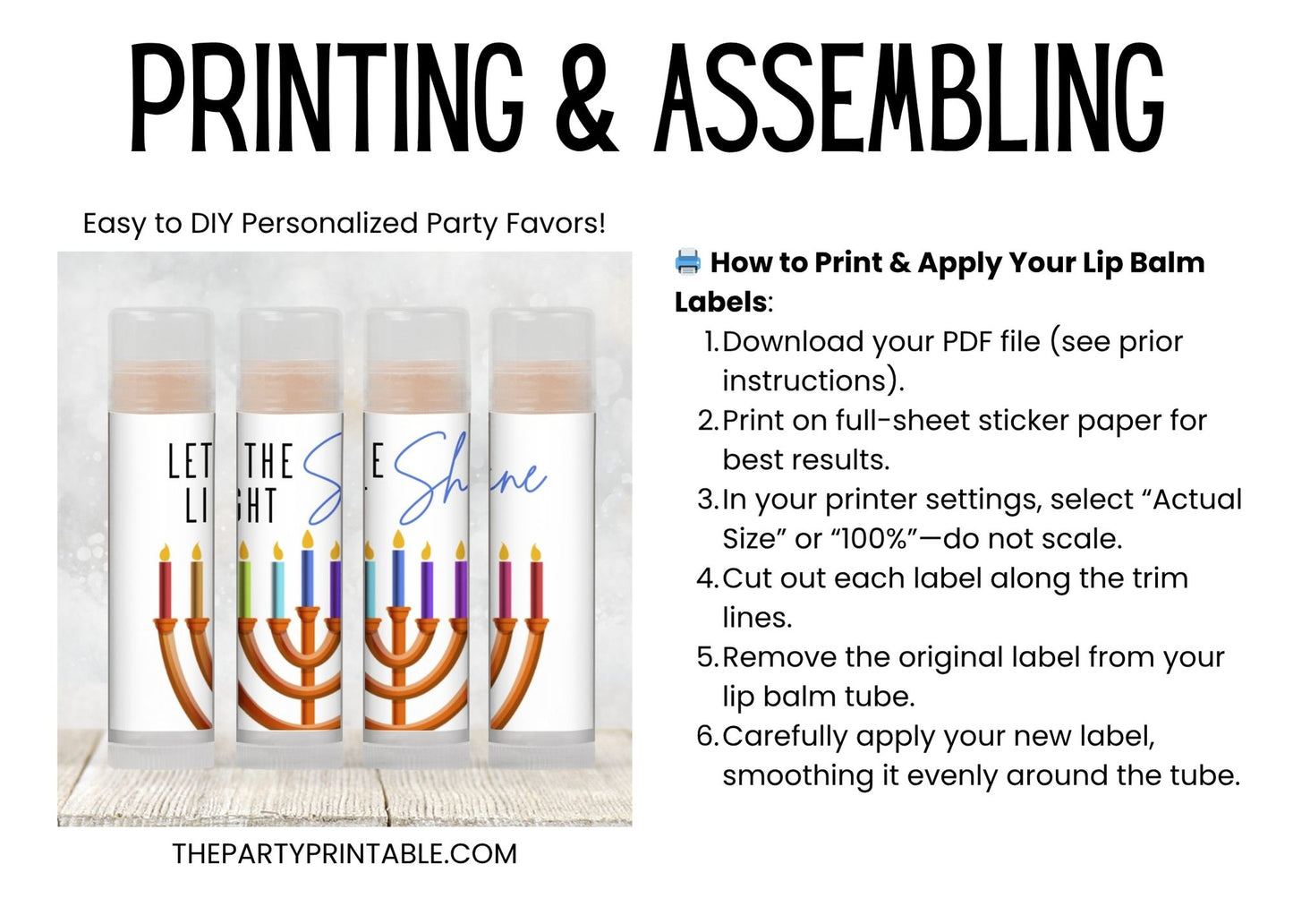 Let the Light Shine Hanukkah Lip Balm Label Template: Chanukah Party Favor (Digital Download)