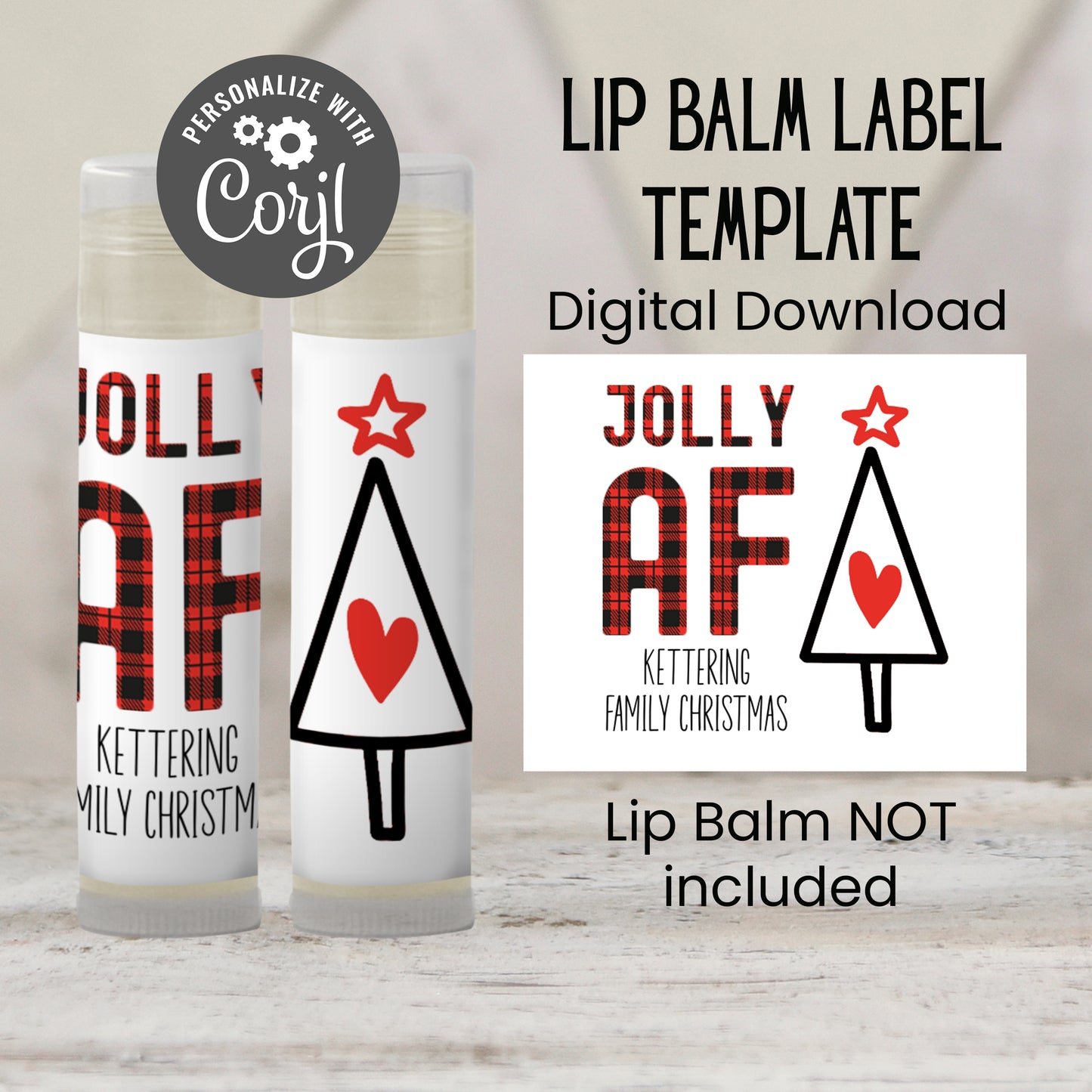 Jolly AF Christmas Party Favors Lip Balm Label Template: Buffalo Plaid Holiday (Digital Download)