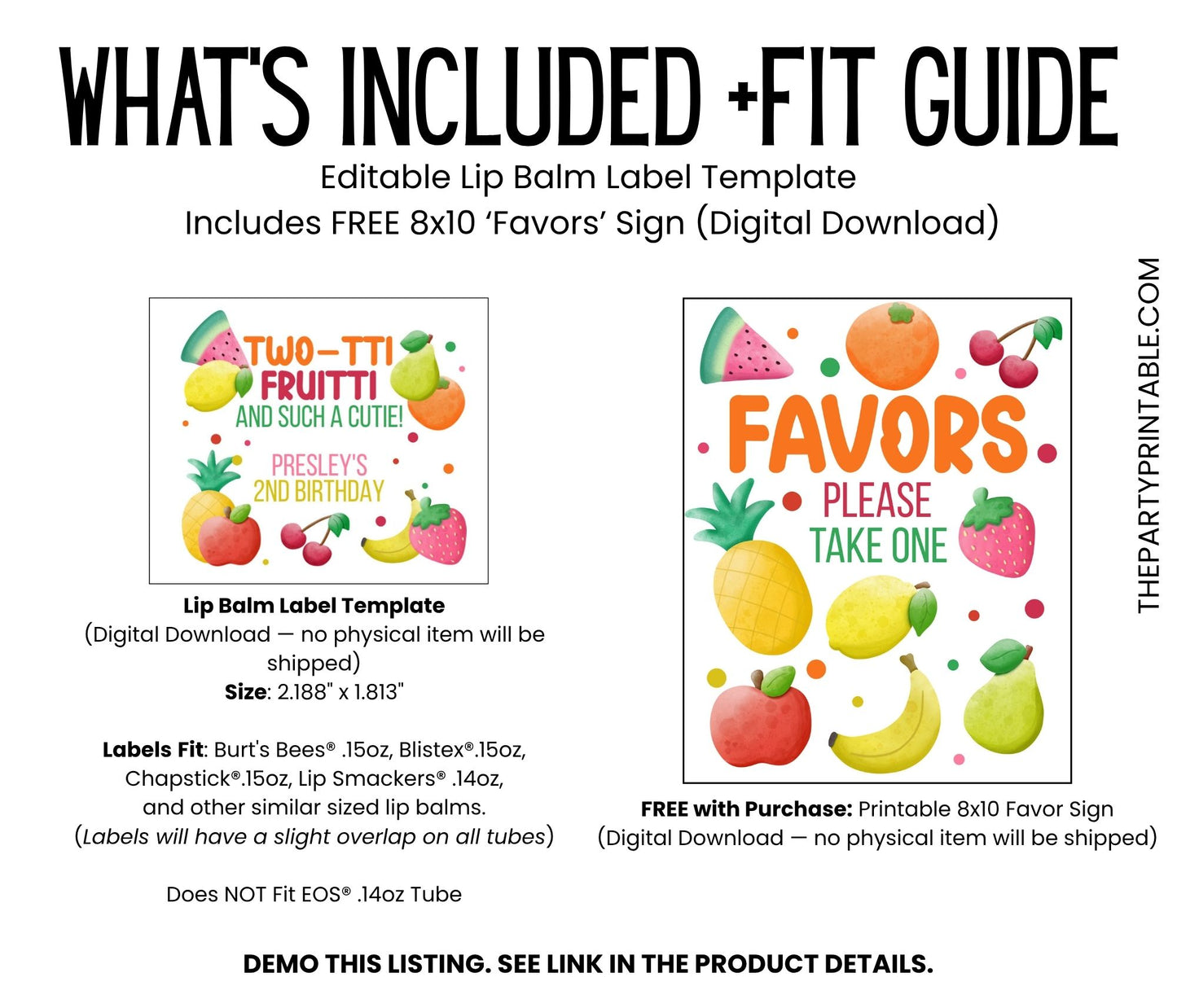 Twotti Frutti 2nd Birthday Favors Lip Balm Label TEMPLATE | Tutti Frutti Girl Party | Editable Fruit Theme Printable Chapstick Sticker 6001