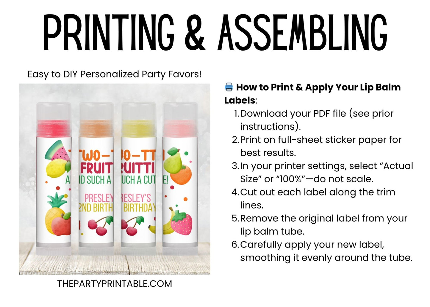 Twotti Frutti 2nd Birthday Favors Lip Balm Label TEMPLATE | Tutti Frutti Girl Party | Editable Fruit Theme Printable Chapstick Sticker 6001