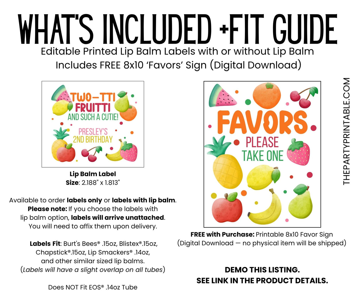 Twotti Frutti 2nd Birthday Party Favors PRINTED Lip Balm Labels or Lip Balm | Tutti Frutti Girl Theme | Fruit Party Favor for Two 6001
