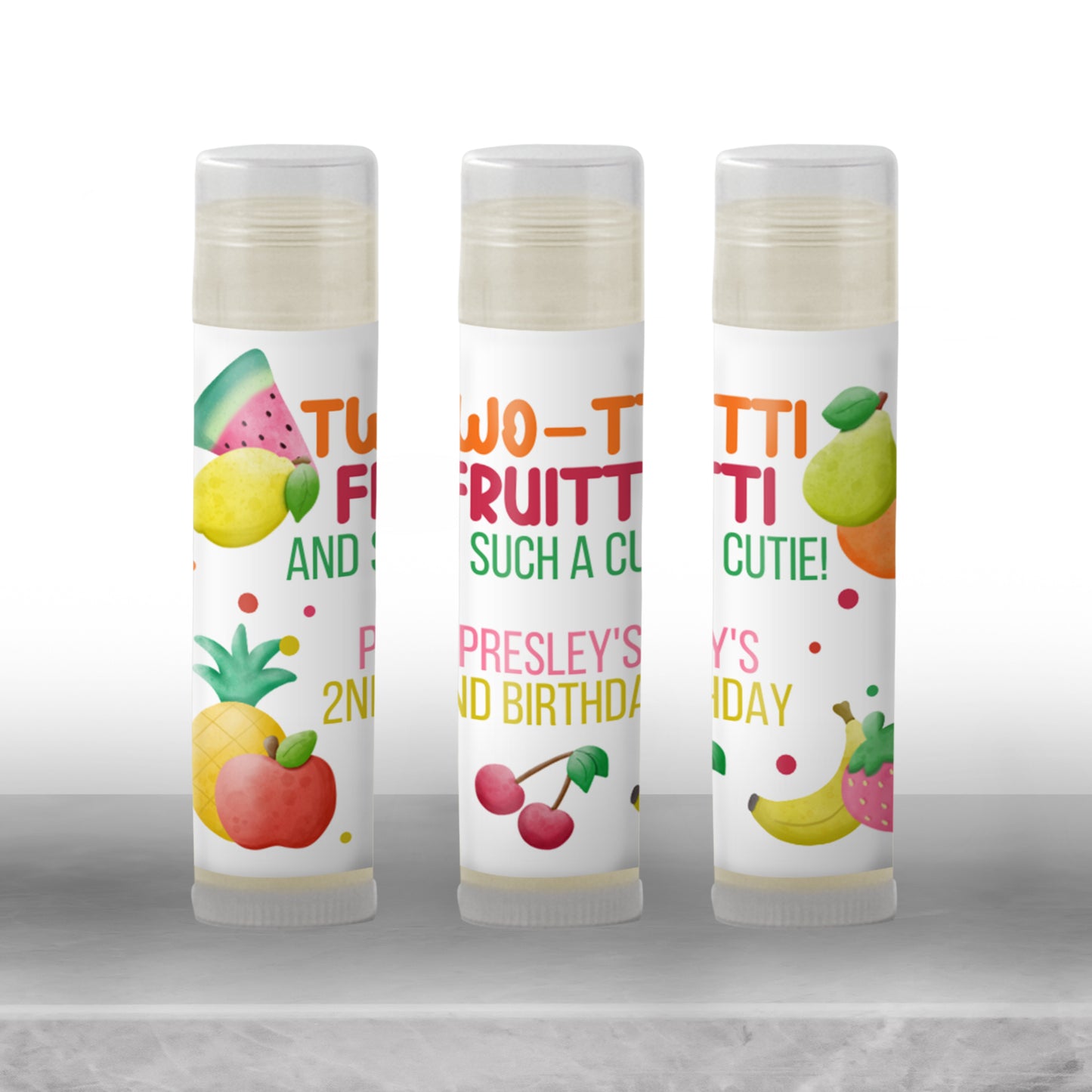 Twotti Frutti 2nd Birthday Favors Lip Balm Label TEMPLATE | Tutti Frutti Girl Party | Editable Fruit Theme Printable Chapstick Sticker 6001