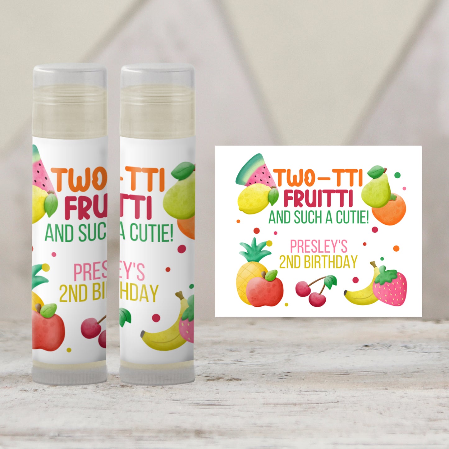 Twotti Frutti 2nd Birthday Favors Lip Balm Label TEMPLATE | Tutti Frutti Girl Party | Editable Fruit Theme Printable Chapstick Sticker 6001