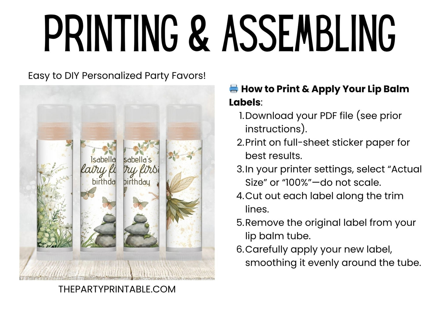 Fairy First Birthday Party Favor Lip Balm Label TEMPLATE | Editable Girl 1st Birthday Printable | Whimsical Chapstick Sticker 8011