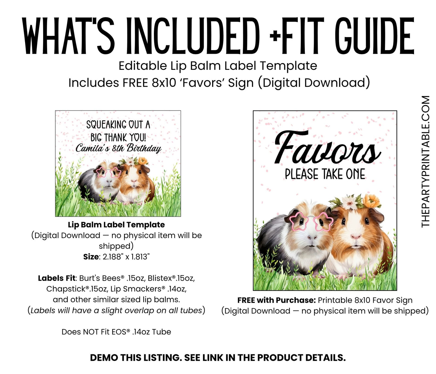 Guinea Pig Birthday Party Favor Lip Balm Label TEMPLATE | Cute Pet Theme Printable | Animal Girl Kids Party Chapstick Label 8013
