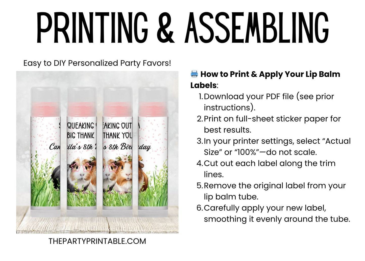 Guinea Pig Birthday Party Favor Lip Balm Label TEMPLATE | Cute Pet Theme Printable | Animal Girl Kids Party Chapstick Label 8013