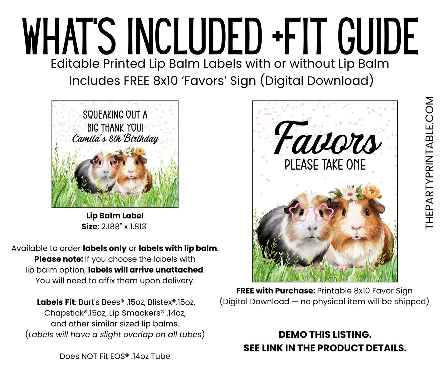 Guinea Pig Birthday Party Favors Lip Balm PRINTED Label or Lip Balm Favor | Animal Theme Gift for Girl Pet Kids Party Chapstick Sticker 8013