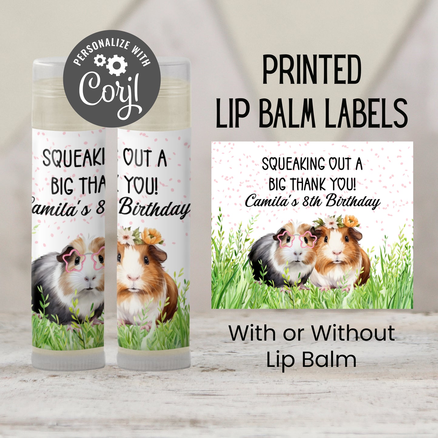 Guinea Pig Birthday Party Favors Lip Balm PRINTED Label or Lip Balm Favor | Animal Theme Gift for Girl Pet Kids Party Chapstick Sticker 8013