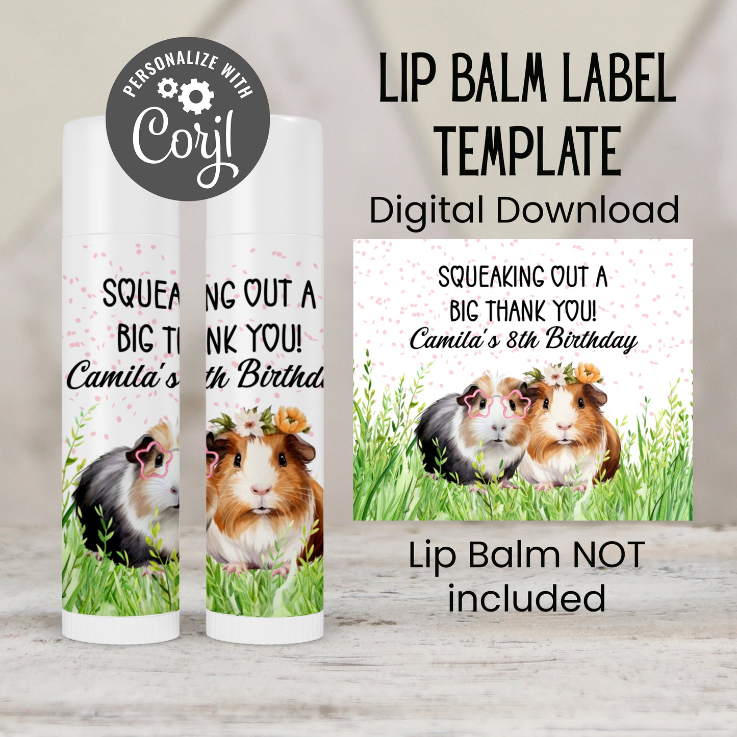 Guinea Pig Birthday Party Favor Lip Balm Label TEMPLATE | Cute Pet Theme Printable | Animal Girl Kids Party Chapstick Label 8013