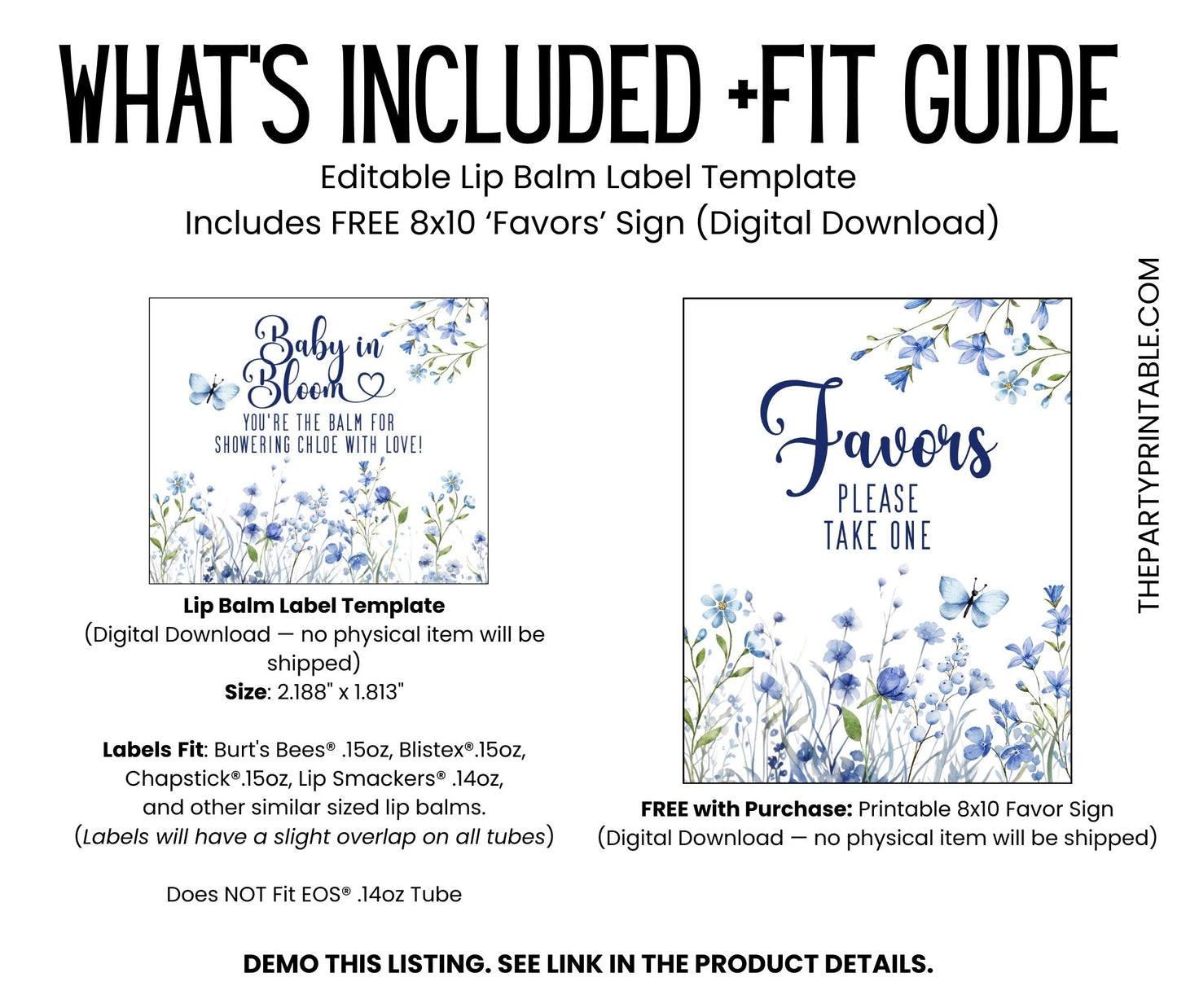 Blue Baby in Bloom Lip Balm Label Template: Boy Baby Shower Favor (Digital Download)