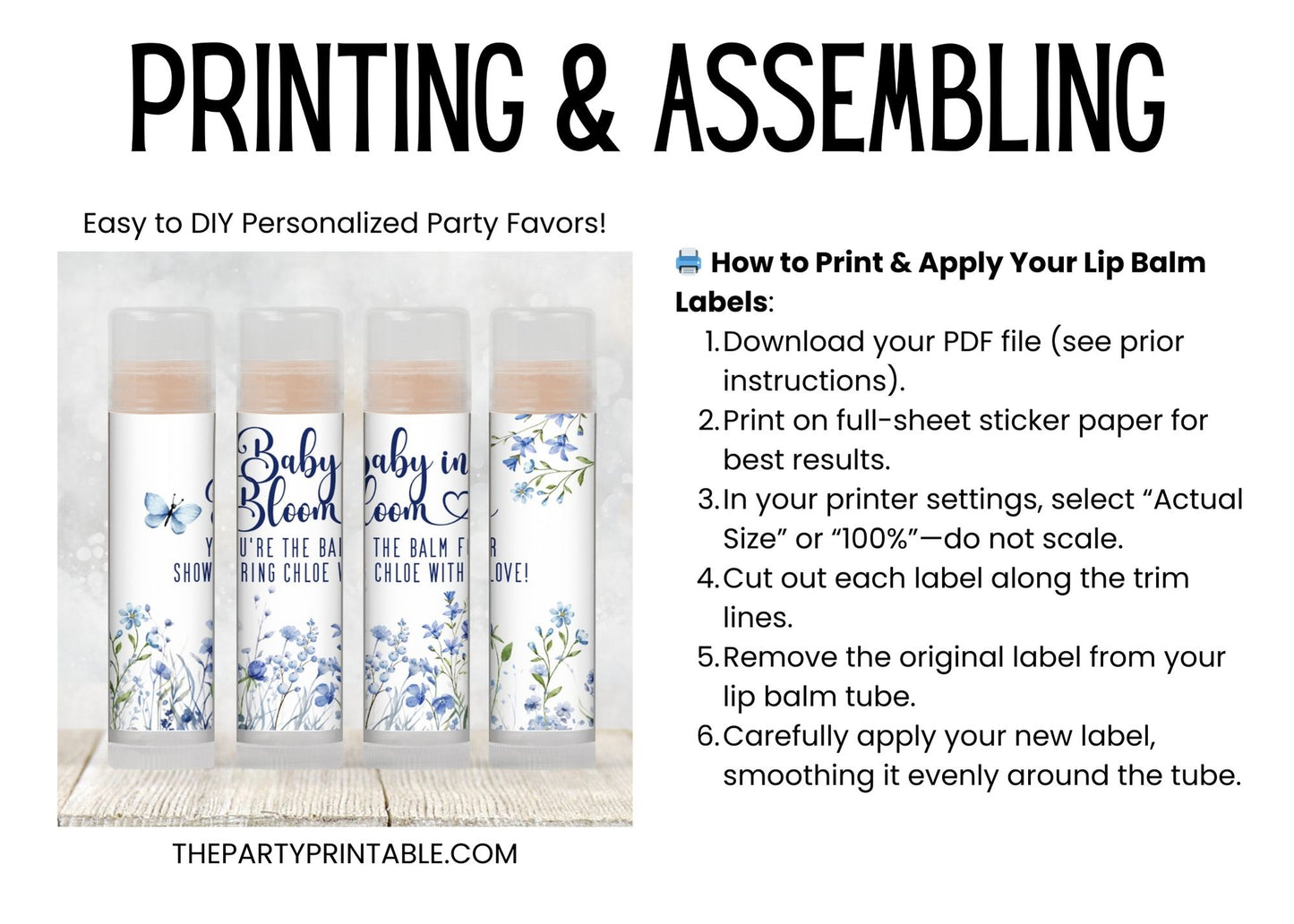 Blue Baby in Bloom Lip Balm Label Template: Boy Baby Shower Favor (Digital Download)