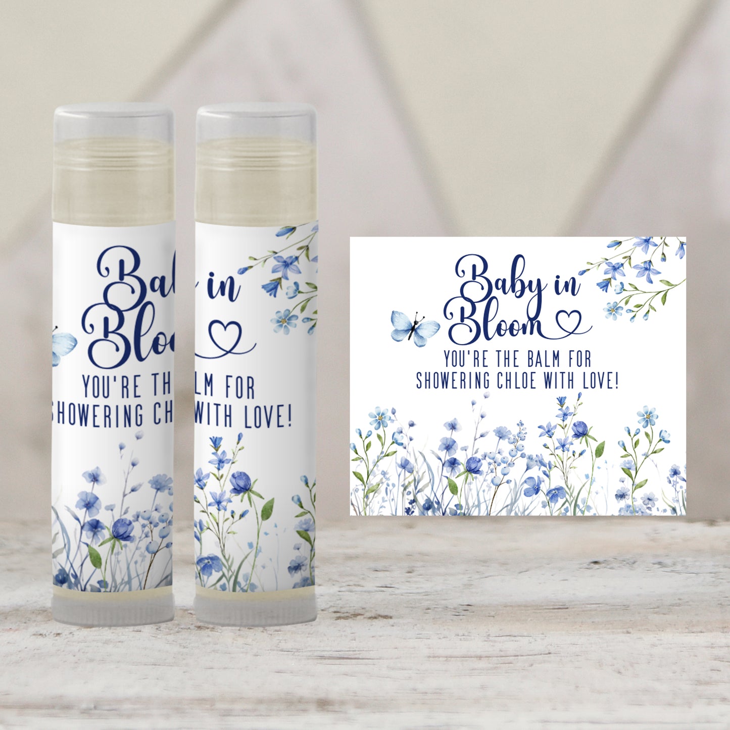 Blue Baby in Bloom Baby Shower Lip Balm Favors: Boy Chapstick Guest Gift