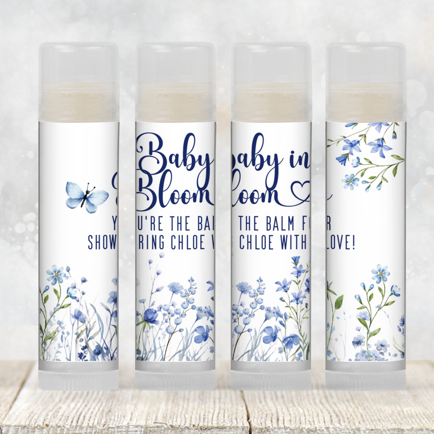 Blue Baby in Bloom Baby Shower Lip Balm Favors: Boy Chapstick Guest Gift