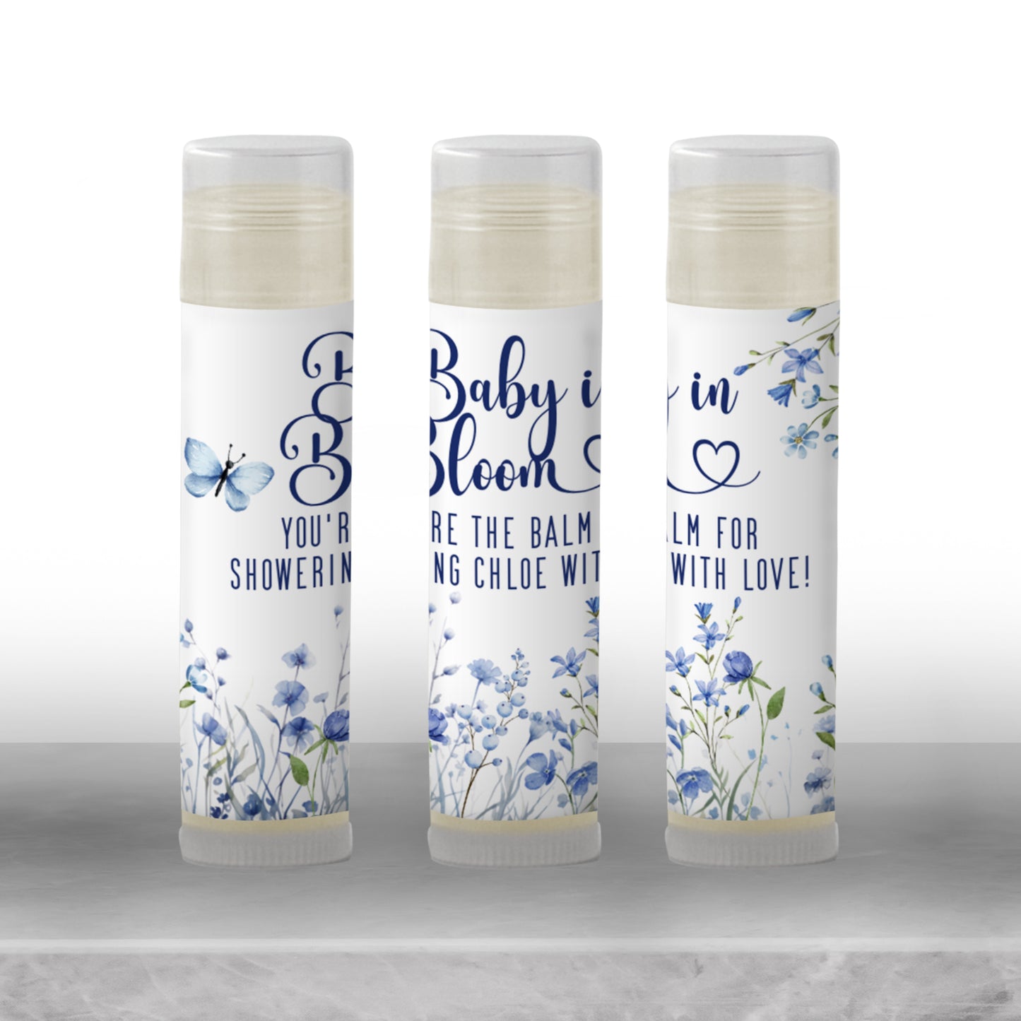 Blue Baby in Bloom Baby Shower Lip Balm Favors: Boy Chapstick Guest Gift