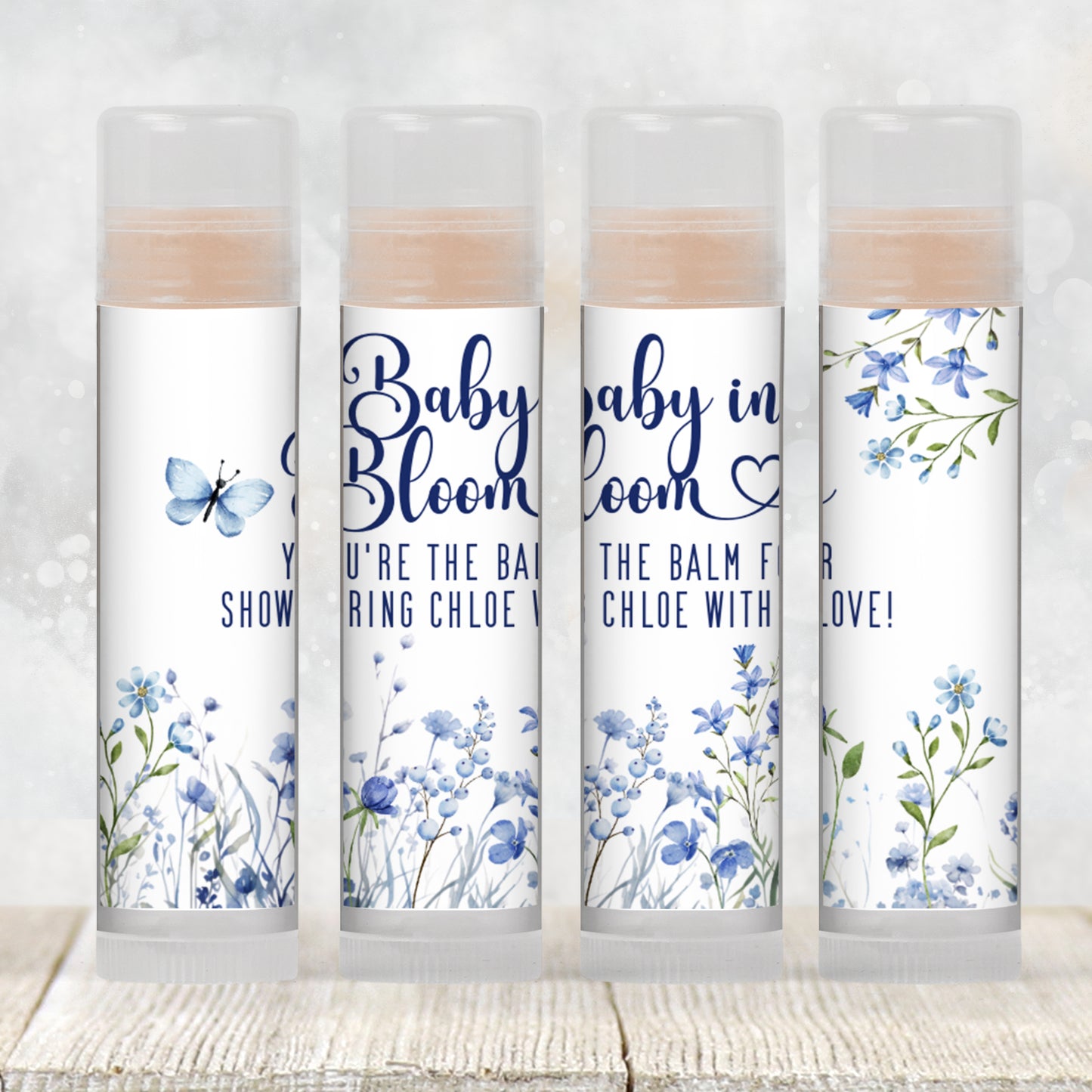 Blue Baby in Bloom Lip Balm Label Template: Boy Baby Shower Favor (Digital Download)