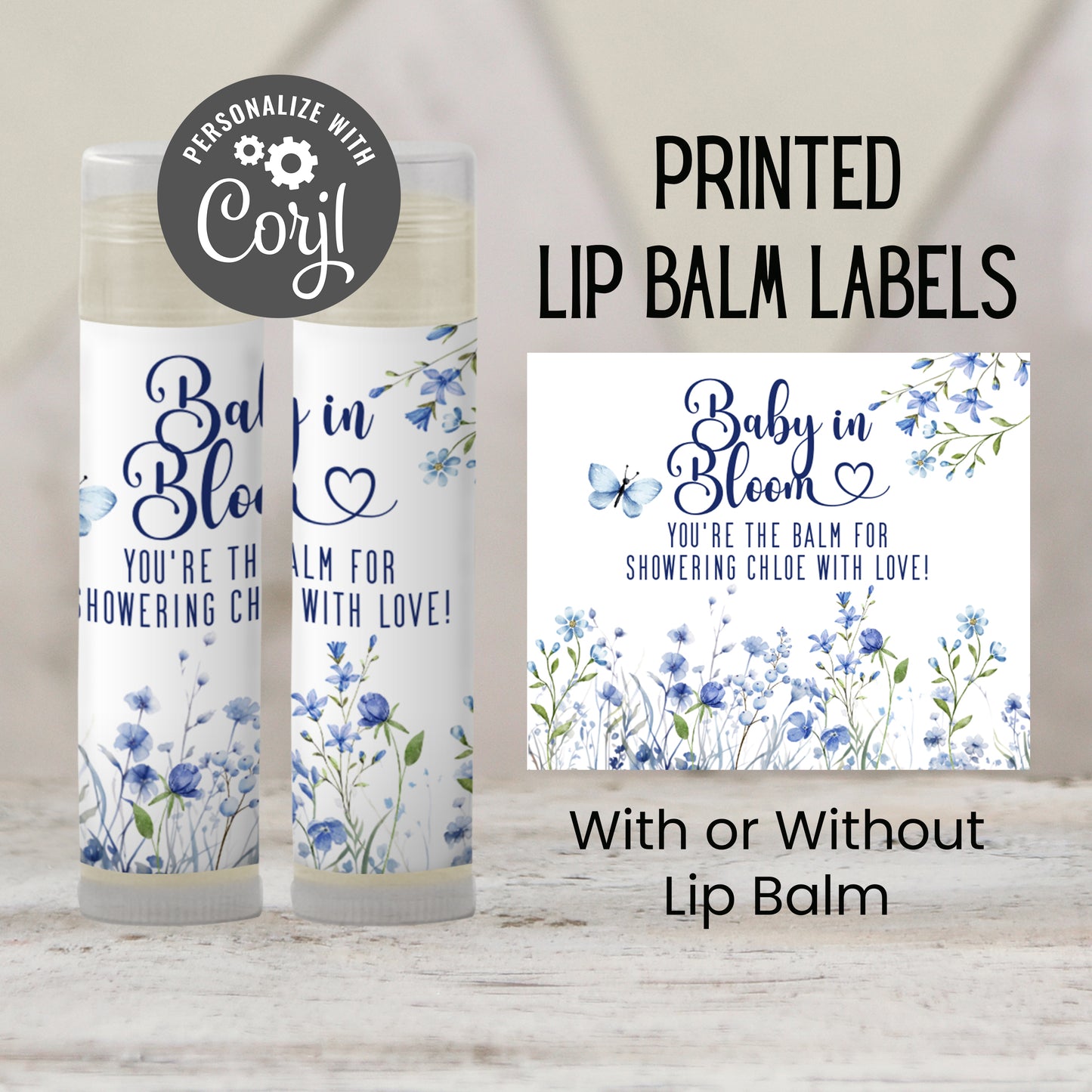 Blue Baby in Bloom Baby Shower Lip Balm Favors: Boy Chapstick Guest Gift