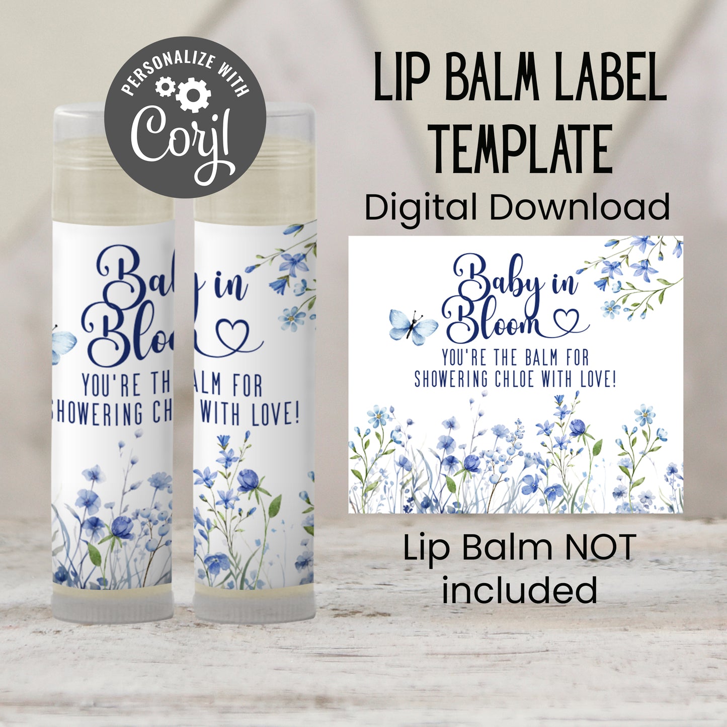 Blue Baby in Bloom Lip Balm Label Template: Boy Baby Shower Favor (Digital Download)