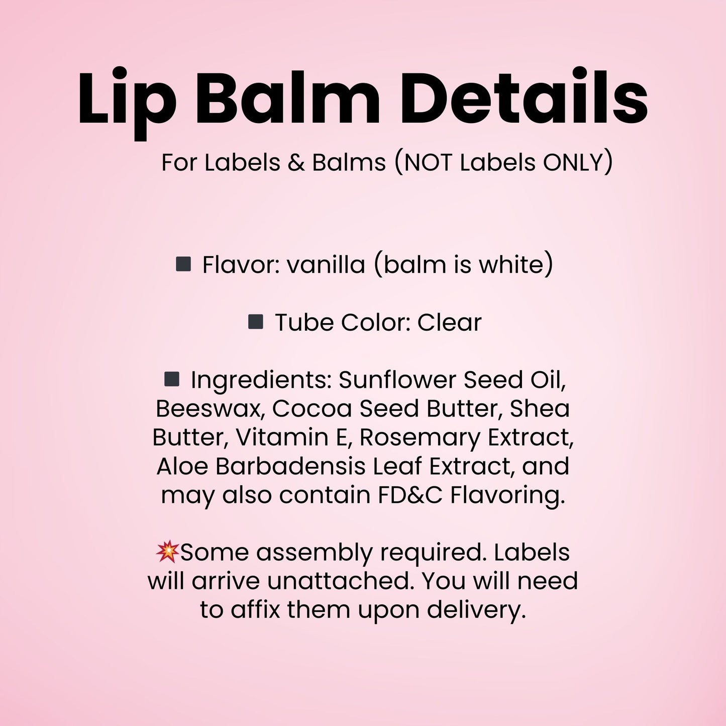 The image is a pink-colored text box containing information about lip balm details.
