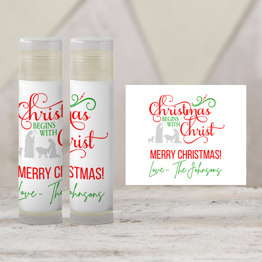Christmas Begins with Christ Lip Balm Favors: Religious Church Christmas Guest Gift