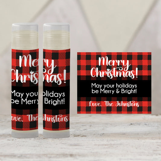Merry Christmas Buffalo Plaid Lip Balm Favors: Holiday Stocking Stuffer Guest Gift