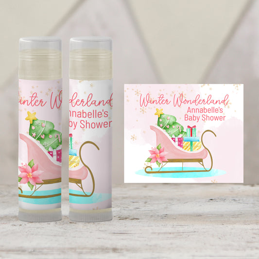 Pink Sleigh Baby Shower Lip Balm Favors: Winter Wonderland Guest Gift for Girls